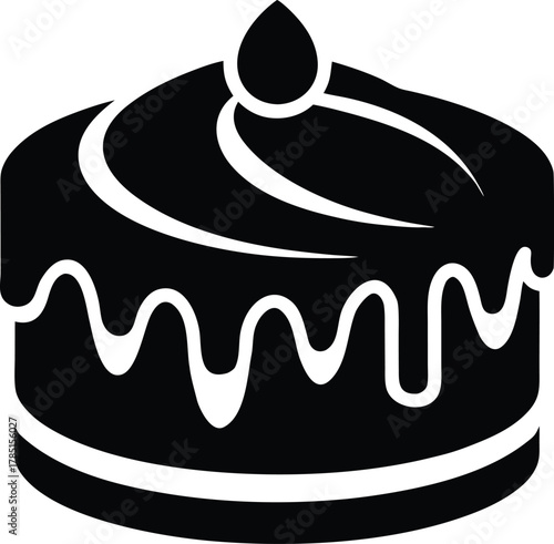 Black and white stylized icon of a round cake with swirled frosting and dripping glaze dessert sweet