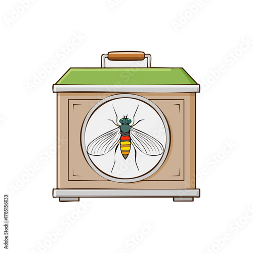 Colorful cartoon fly insect specimen captured inside an observation container with a viewing window