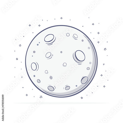Hand-Drawn Moon with Craters and Stars, Cartoon Style Lunar Surface, Celestial Body Illustration