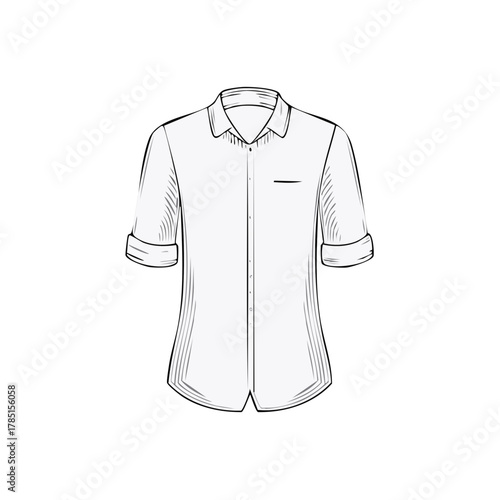 Fashion vector outline drawing of a men's casual button down shirt with rolled sleeves