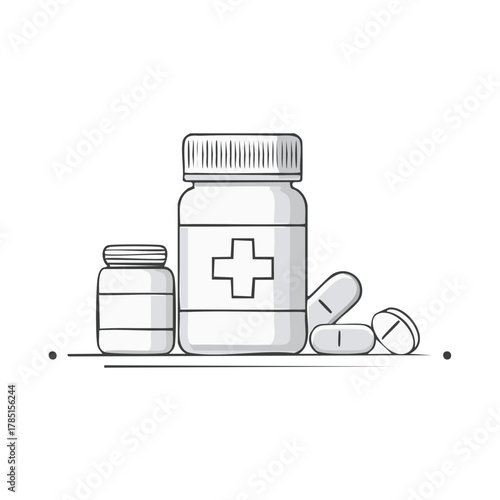 Outline illustration showing medicine bottles and pills, concept of health and medical treatment for wellness and recovery