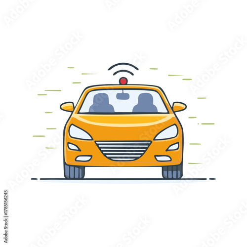 Modern yellow self-driving car with GPS sensor and signal waves, front view