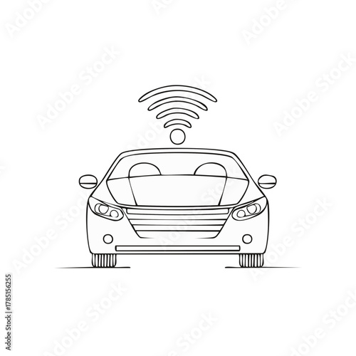 Self-driving car with wireless signal icon above, front view, simple line art