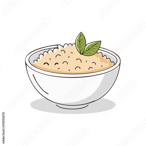 Delicate Illustration of Oatmeal Cereal Bowl with Green Leaf Garnish Simple Cartoon Bowl of Porridge