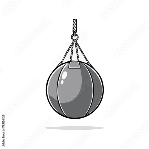 Gray punching bag suspended by ropes for boxing and martial arts training