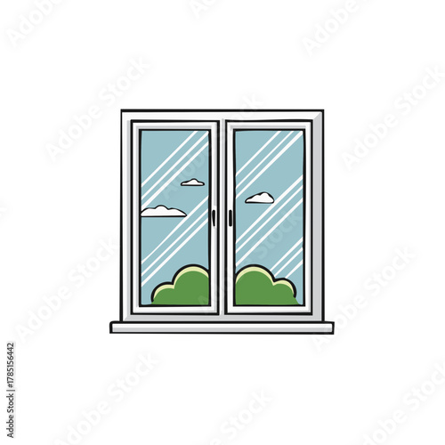 Simple illustration of a double pane window revealing a blue sky with clouds and green bushes below