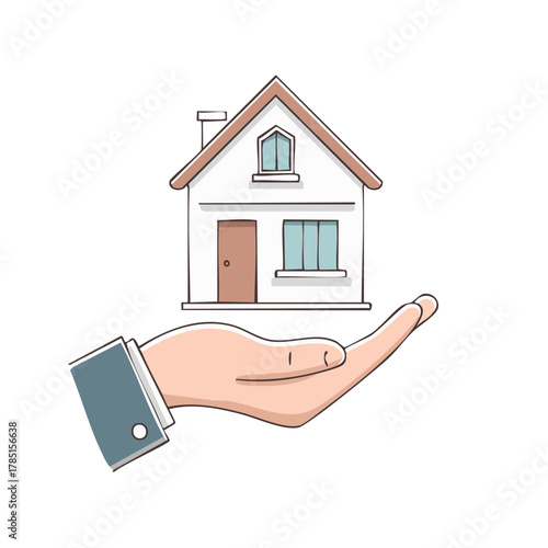 Cartoon house held in a palm, symbolizing property, architecture, construction, safety and real estate