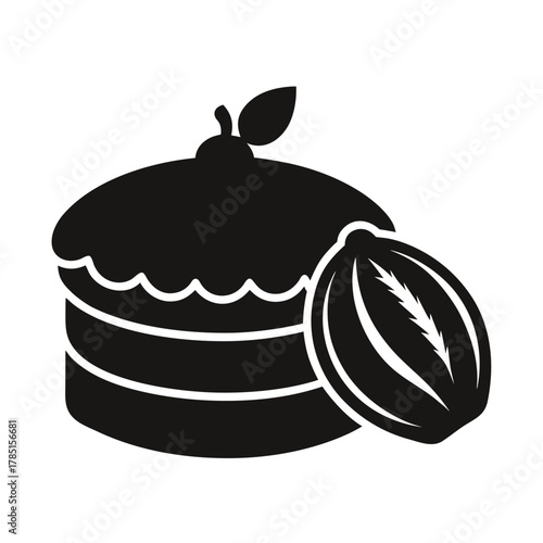 Black silhouette of a round cake with a cocoa pod on a white background Keywords: cake, dessert, sweet, food, baking, pastry, confectionery, silhouette, black and white, icon, symbol, graphic