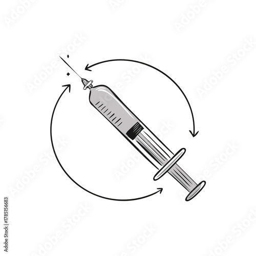 Sketch of medical syringe with dripping needle in circular recycling arrows for vaccination or medical research concepts