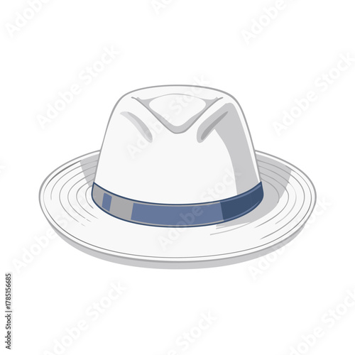 Elegant White Panama Hat with Blue Ribbon for Summer Style Illustration