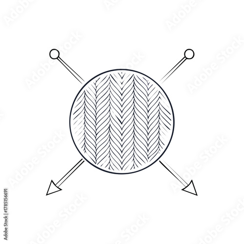 Knitting design illustration yarn ball with needles in black and white