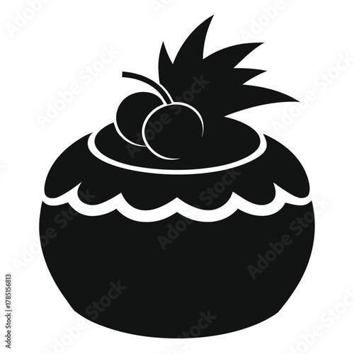 Black silhouette of a round cake with cherries and leaves on a white background Keywords: cake, dessert, sweet, food, baking, pastry, confectionery, silhouette, black and white, icon, symbol