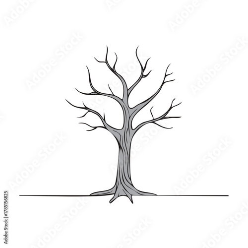 Single bare tree silhouette illustration, minimalist design, nature themed, isolated on white, simple outline style