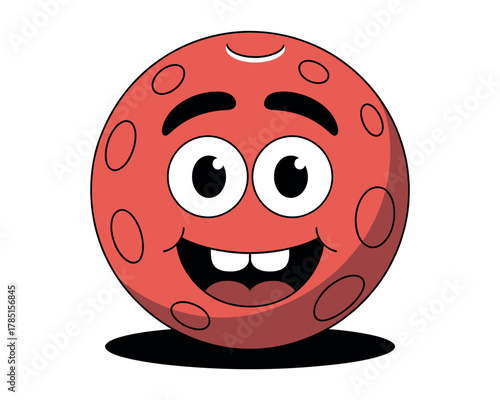 Cheerful cartoon character representing Mars with a wide smile and big eyes