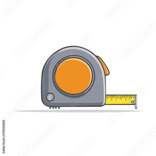 Cartoon style measuring tape tool with grey housing and orange details for construction and DIY