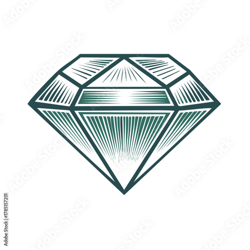 Engraved Diamond Icon: Faceted Gemstone Vector Illustration in Retro Style with Sharp Edges