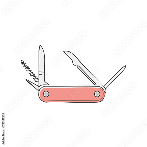Hand Drawn Multifunction Pocket Knife with Corkscrew Blade and File