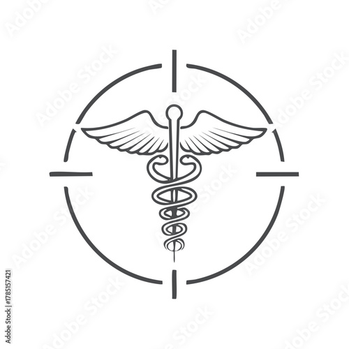 Medical caduceus symbol within targeting crosshairs graphic icon