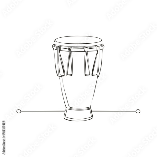 Monochromatic line art drawing of a single conga drum musical percussion instrument with subtle graphic lines