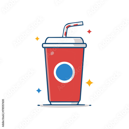 Red soda cup with blue circle logo and striped straw, surrounded by stars