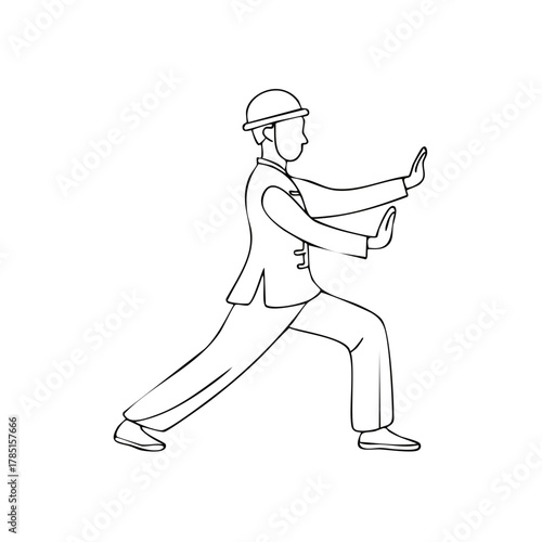 Line Art Illustration of Man Practicing Chinese Martial Art Form Tai Chi in Uniform