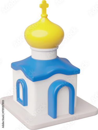 3d icon of the building of the Christian church, with a yellow dome, a cross, a blue roof.