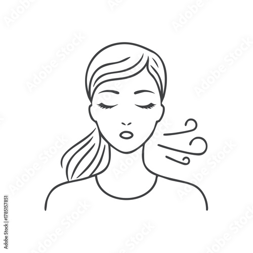 Woman taking deep breath with closed eyes outline illustration for calm and mindfulness