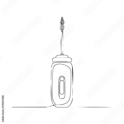 Elegant continuous line art drawing of a mascara tube with applicator for beauty