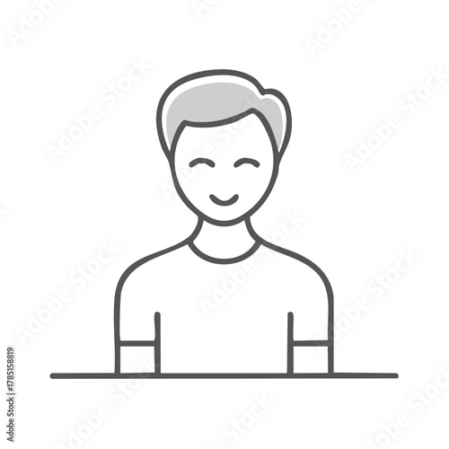 Line art illustration of a smiling young man with grey hair and simple clothing