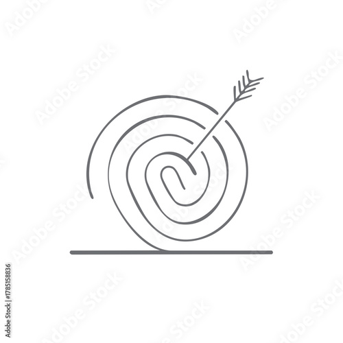 Arrow hitting center of spiral target, stylized business aim, vector illustration. Precision and focus concept in simple design.