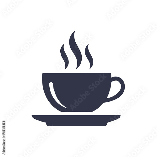 Hot beverage icon steaming cup of coffee or tea on saucer with steam.