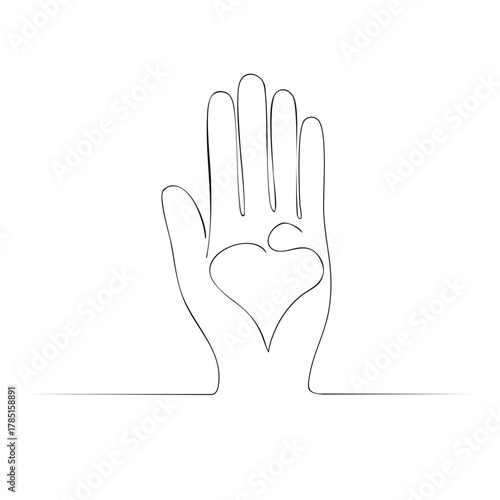 Single continuous line drawing of an open palm with a heart shape inside, symbolizing love and care