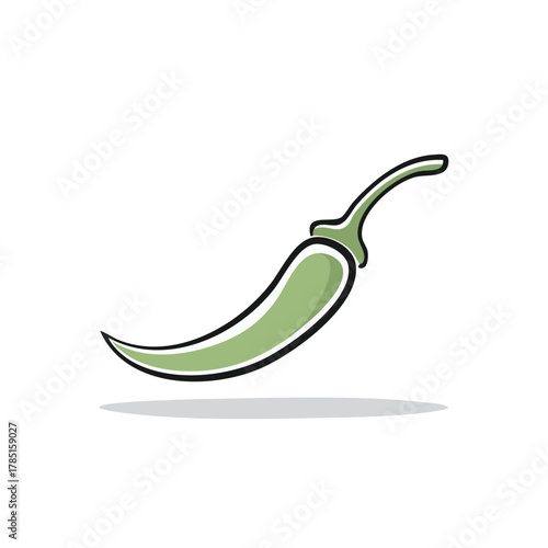 Stylized Graphic Rendering of a Green Chili Pepper with a Delicate Outline and Minimal Shadow