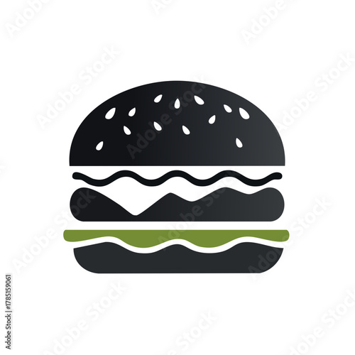 Burger vector illustration black and green flat design food icon with sesame bun and wavy ingredients