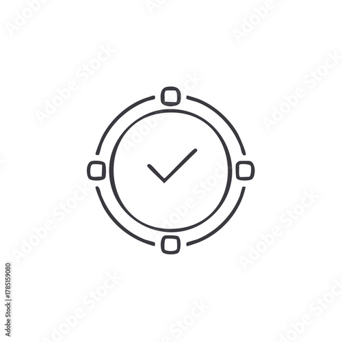 Check Mark Icon Inside a Circle with Four Rounded Square Attachments a Thin Line Style