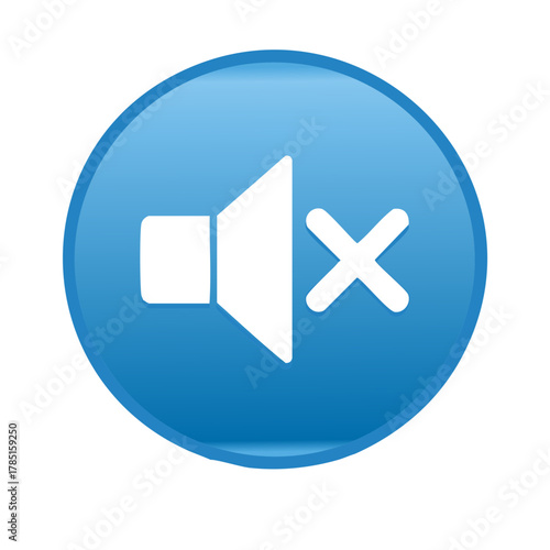 Circular blue glossy icon with white speaker and X symbol indicating mute or sound off