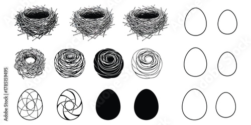 Bird Nests and Eggs Line Art Set vector illustration drawing sketch nature spring easter design graphic outline black and white