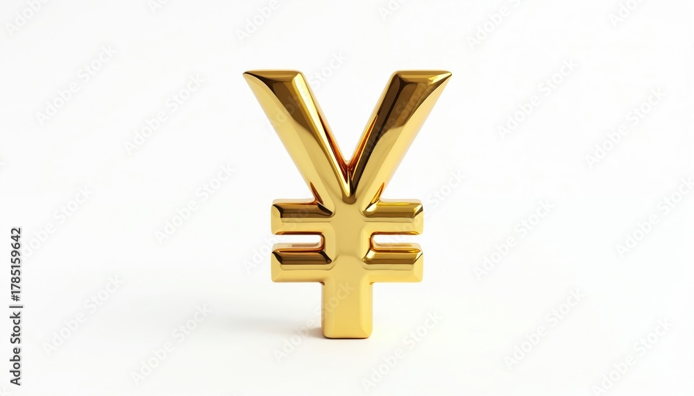 Obraz premium Gold yuan currency symbol, shiny metal sign for Chinese renminbi. Financial graphic for economy, trade, investment, and wealth. Isolated on white background.
