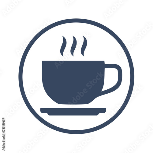 Icon of a cup of coffee or tea in a circle on a saucer with steam rising symbolizing hot drink refreshment