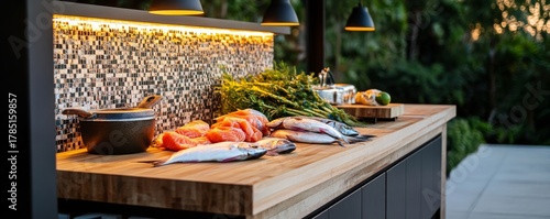 Outdoor Kitchen Prep Fresh Salmon and Fish on Wood Countertop, Seafood, Cooking