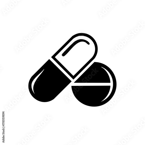 Medical pills and capsule icon black and white illustration