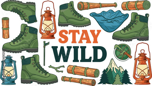 Stay wild, camping gear, hiking boots, sleeping bags, lanterns, compass, trekking poles, mountain scene, outdoor adventure, flat vector illustration