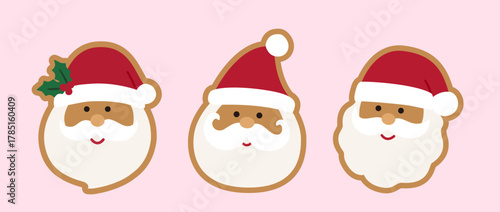 Set of santa claus gingerbread cookies flat vector illustration.
Winter Christmas santa claus face ginger cookie clipart design.
Christmas Cookie Sticker.
Good for greeting card,poster, banner.
