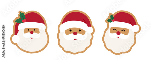Set of santa claus gingerbread cookies flat vector illustration.
Winter Christmas santa claus face ginger cookie clipart design.
Christmas Cookie Sticker.
Good for greeting card,poster, banner.