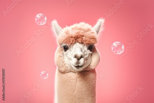 Adorable alpaca with bubbles on a pink background.