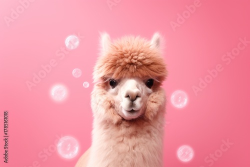 Adorable alpaca with bubbles on a pink background.