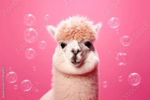 Adorable alpaca with bubbles on a pink background
