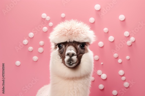 Adorable alpaca with a fluffy head on pink backdrop
