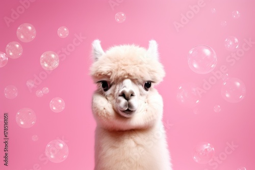 Adorable alpaca with bubbles against pink background
