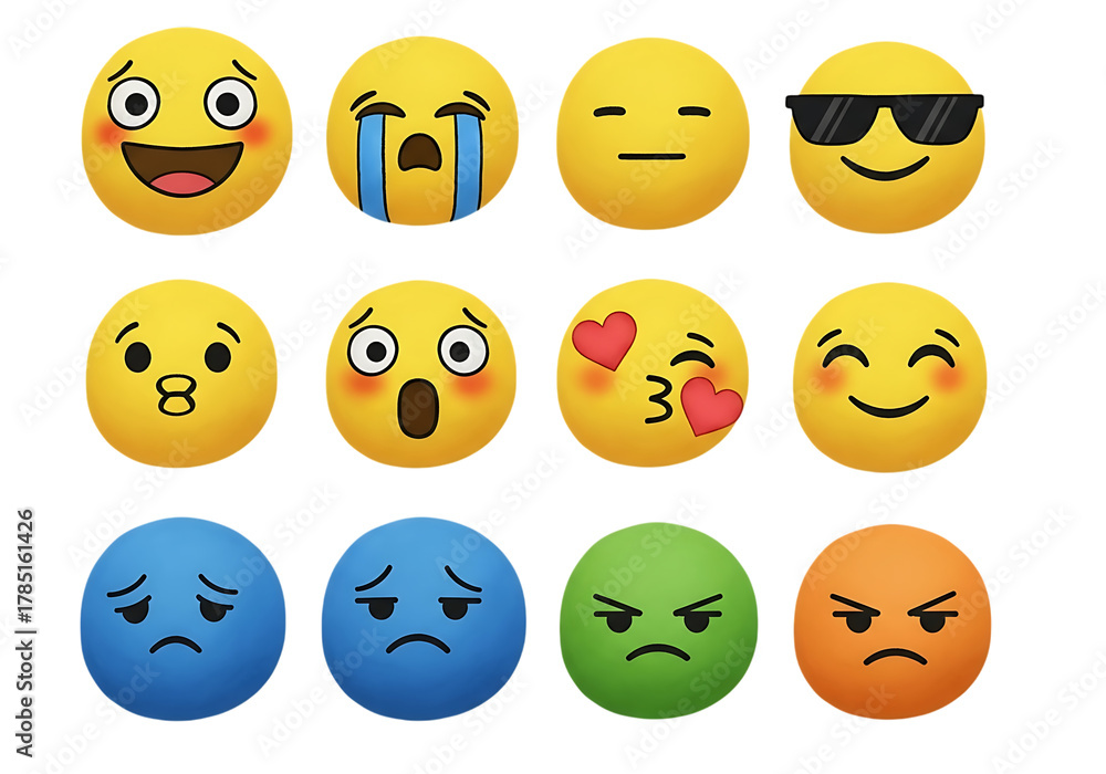 Fototapeta premium Emotional Expression Illustration Collection of Yellow Blue Green and Orange Emoticons
